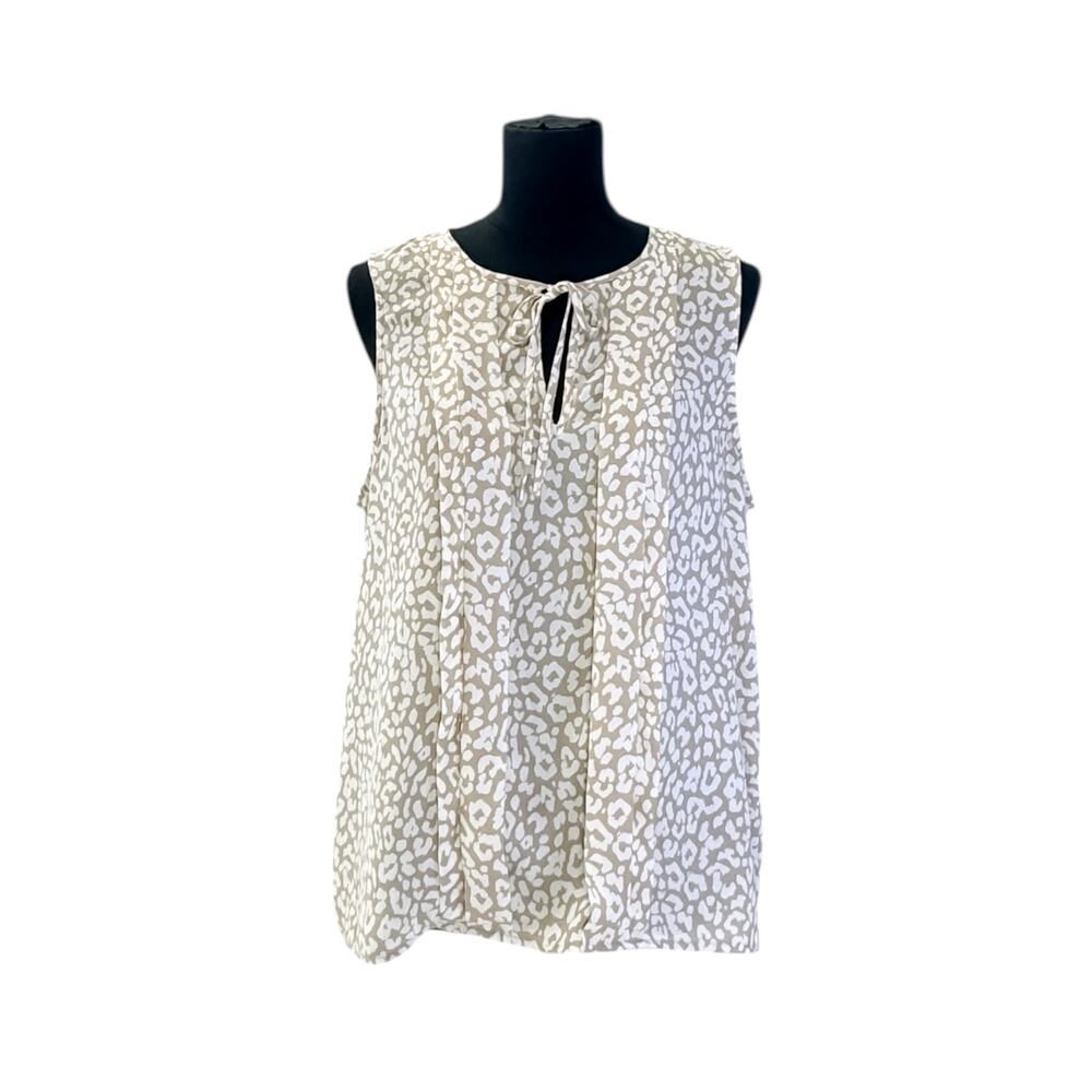 J.Crew Cream Leopard Print Lightweight Sleeveless Tie Neck Keyhole Blouse Large